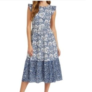 J.Crew Blue White Floral Block Print Ruffle Tiered Cotton Midi Dress Size 6